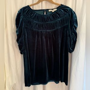 Loft xl blue green velvet ruched short sleeve top
